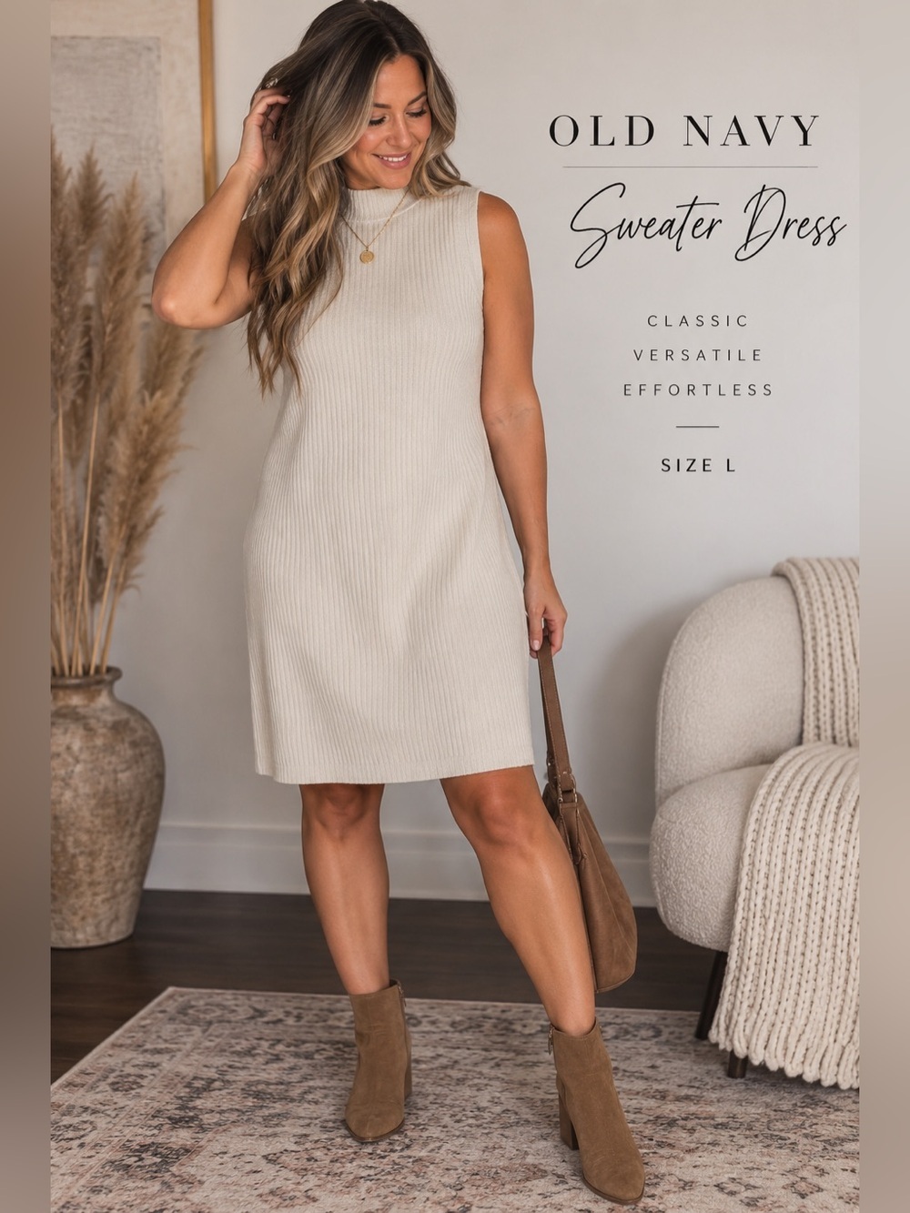 Old Navy Cream Ribbed Mock Neck Sweater Dress Large Sleeveless Midi